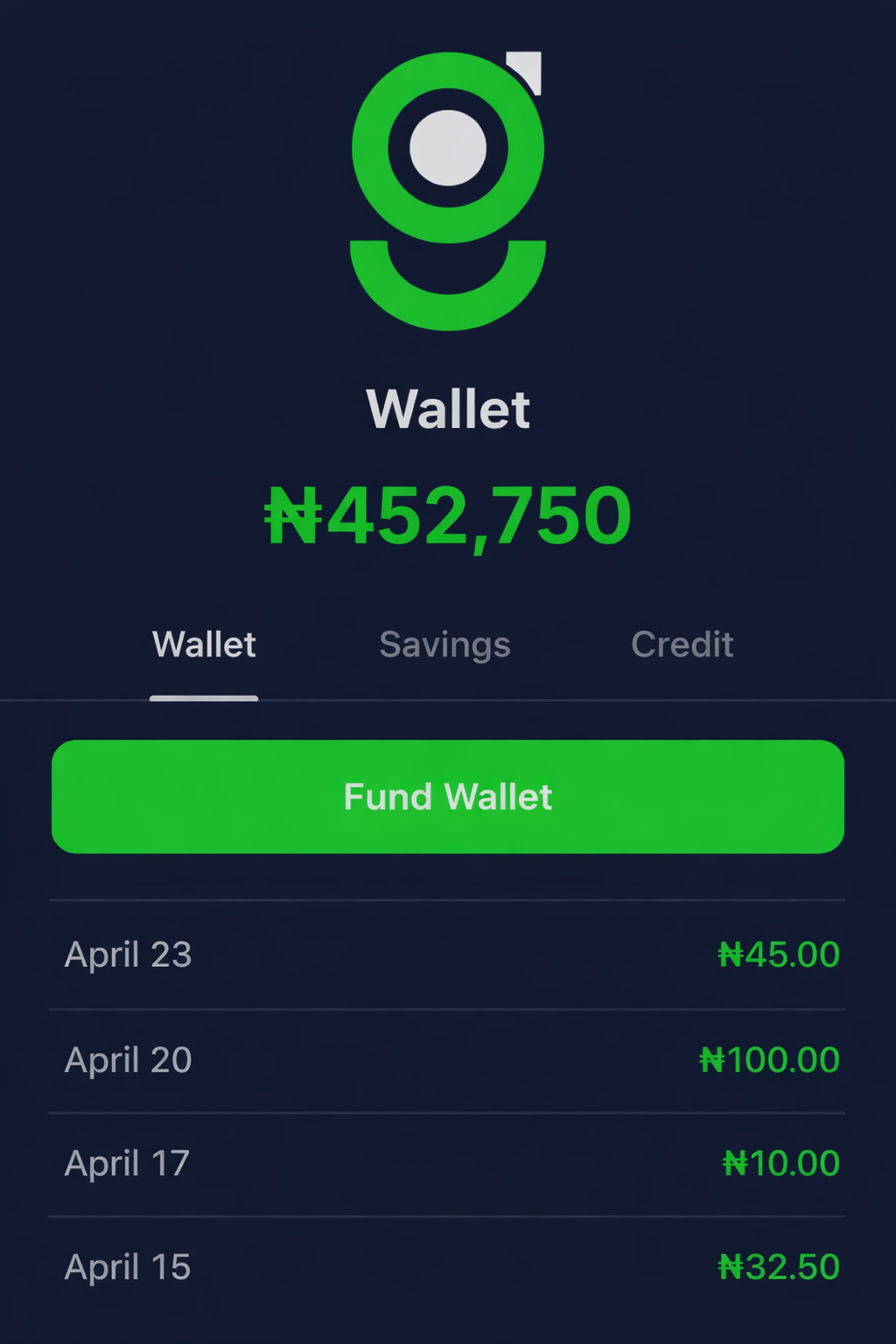 Wallet & Savings Screen